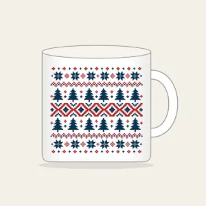 Fair-Isle Pines and Stars Mug in white: Fair-isle bands of pines, stars and diamonds in cream, brick red and navy.