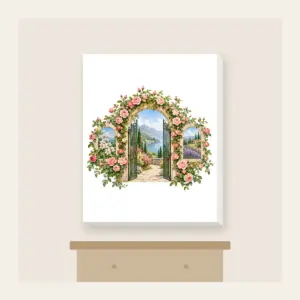 Rose Garden Gate Arch Canvas Print in white: An arched garden gate wrapped in blush and green climbing roses, with botanical and landscape scenes in its openings.