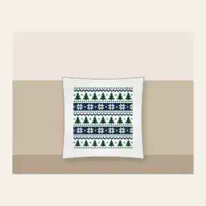 Fair-Isle Bands of Pines and Stars Pillow in white: Fair-isle bands of pines and stars in cream, forest green and navy repeat all over.