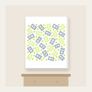Tennis Court Lines Canvas Print in white: Court lines and tiny tennis balls in lime, white and navy.