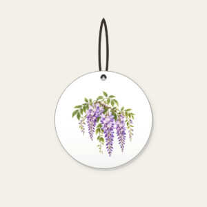 Drooping Wisteria Clusters on Cream Ceramic Ornament in white: Drooping wisteria clusters in lilac and violet with green leaves on a cream base.