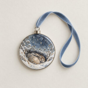 Winter Hare Clear Plastic and Aluminium Ornament with round ornament with a hare curled in a snowy hollow beneath tiny falling stars, grey, cream and blue