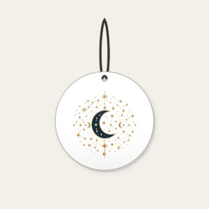Gilded Constellations and Crescent Moons Ceramic Ornament in white: Cream and gold constellations and crescent moons drift across a deep navy sky.