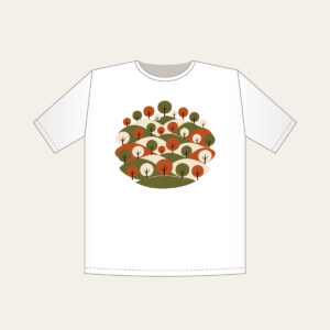 Rolling Orchard Hills T-Shirt in white: Rows of round trees on hills in olive, rust and cream.