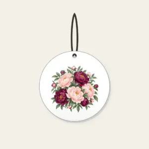 Blush and Plum Peony Garden Ceramic Ornament in white: Peonies and leaves in blush, plum and sage fill the artwork edge to edge.