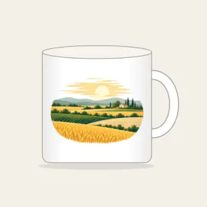 Farm Field Strips Under a Low Sun Mug in white: Horizontal strips of gold, green and sand lie under a low pale sun.