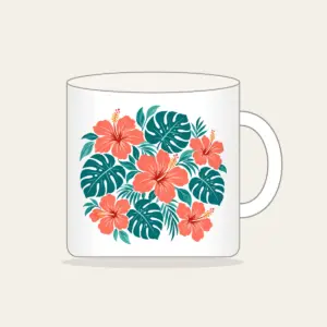 Coral Hibiscus and Monstera Leaves Mug in white: Coral hibiscus flowers and teal monstera leaves repeat across a cream ground.