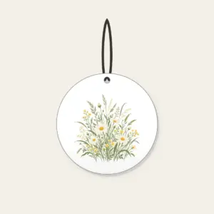 Meadow Grass and Daisy Field Ceramic Ornament in white: A flat meadow of swaying grasses and small daisies in sage, cream and butter yellow.