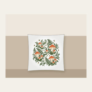 Toadstools, Ferns and Fireflies Pillow in white: Toadstools, ferns and glowing fireflies scattered in rust and cream across a deep green forest ground.