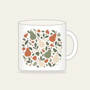 Pear and Pebble Terrazzo Garden Mug in white: All-over terrazzo of pears, leaves and pebbles in sage, terracotta and cream.