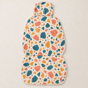 Terrazzo Pebble Front Car Seat Cover with all-over terrazzo pebbles in coral, teal and mustard on cream with a clean seam area