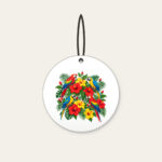 Parrots Among Red Hibiscus Ceramic Ornament in white: Parrots perch among hibiscus flowers in red, green and yellow.