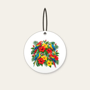 Parrots Among Red Hibiscus Ceramic Ornament in white: Parrots perch among hibiscus flowers in red, green and yellow.