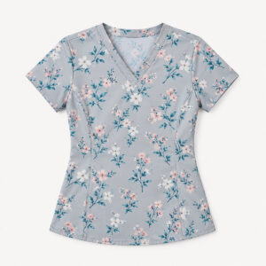 Teal Blossom Scrub Top with scattered blossoms in teal, white and soft pink on pale grey