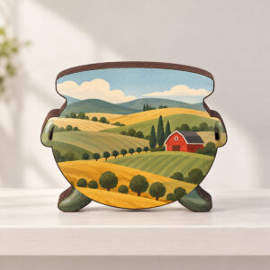 Hilltop Orchard Wooden Block with front face with rolling hills in sage and ochre, rows of tiny round trees and one red barn, softly layered bands