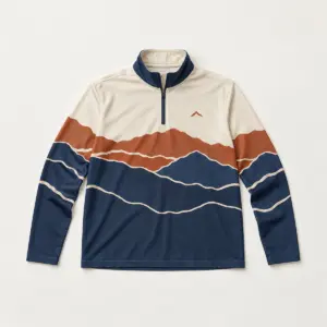 Ridgeline Quarter Zip Long Sleeve Jersey with all-over ridgeline stripes in navy, rust and cream with one small peak mark near the chest