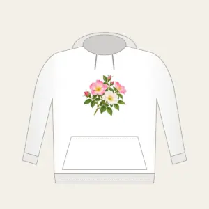 Wild Rose Branch Hoodie in white: A branch of wild roses with pink and white blossoms and fresh green leaves.