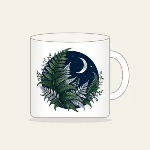 Moonlit Fern Fronds on Navy Mug in white: Silver and deep green fern fronds curl over navy beneath a small crescent moon.