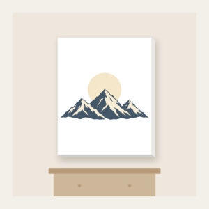 Moonrise over Three Peaks Canvas Print in white: A round moon rises over three mountain peaks in cream and slate.