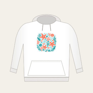 Tide-Pool Starfish Pattern Hoodie in white: Starfish, small shells and ripples gather in a tide-pool repeat in coral and teal.