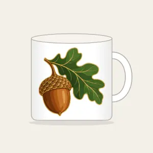 Gold-Outlined Acorn and Oak Leaf Mug in white: A single acorn with an oak leaf in warm brown and green with a thin gold outline.