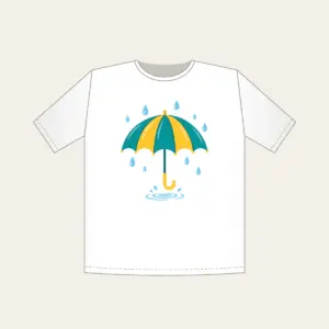 Teal Umbrella and Raindrop Ripple T-Shirt in white: An open teal and yellow umbrella with small raindrops and a tiny puddle ripple.