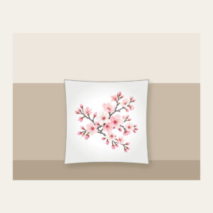 Cherry Blossom Branches on Grey Pillow in white: Cherry blossom branches in pale rose and white bloom on a muted grey background.