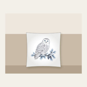 Snowy Owl on a Frosted Branch Pillow in white: A snowy owl on a frosted branch in white, grey and ice blue.