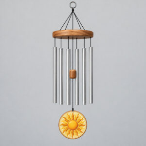 Sunbeam Suncatcher Wind Chime with round pane with a sunburst in amber and gold with small hanging pieces in a similar palette