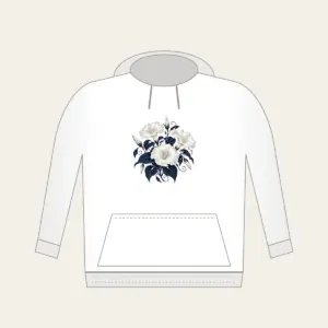 Night-Blooming Moonflowers over Navy Hoodie in white: Moonflowers in cream and silver glow over a navy ground.