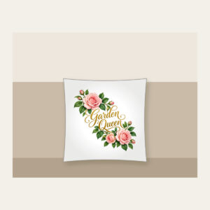 Garden Queen Rose Garland Pillow in white: A diagonal garland of blush roses and green leaves carries the words “Garden Queen” in gold script.