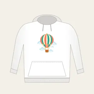 Striped Hot Air Balloon Hoodie in white: A hot air balloon with coral, teal and gold stripes drifts above small clouds, a tiny basket below.