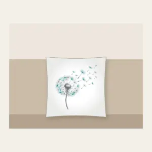 Dandelion Seed Head Drifting Away Pillow in white: A dandelion seed head releases seeds in grey and teal on white.