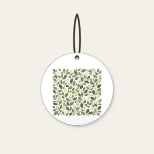 Pear and Leaf Mosaic Ceramic Ornament in white: Leaves and tiny pears form a mosaic in sage, olive and cream.