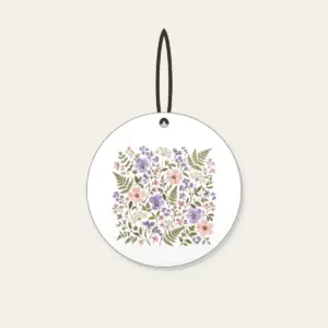 Pressed Posies and Ferns Ceramic Ornament in white: Pressed-flower posies and ferns in lilac, blush and sage arranged all over a cream ground.