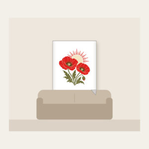 Twin Poppies and a Rising Sun Fleece Blanket in white: Two poppies beneath a rising sun in red, cream and olive.