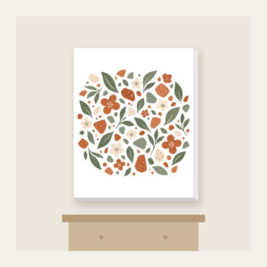 Garden Terrazzo of Leaves and Blossoms Canvas Print in white: An all-over terrazzo of leaves, pebbles and blossoms in terracotta, sage and cream.
