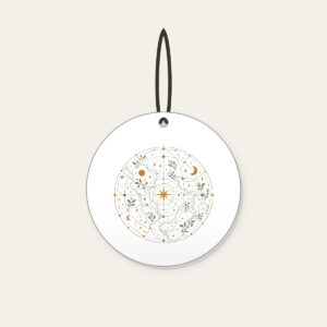 Map Lines with Blooms and Stars Ceramic Ornament in white: Winding map lines carry small blooms and stars in sage, cream and ochre.