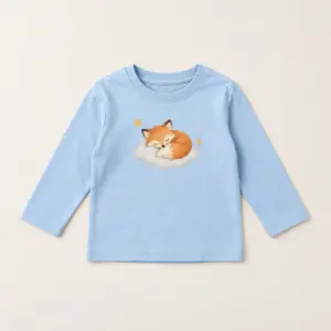 Light Blue Cloud Fox Toddler Long Sleeve Tee with compact front chest panel print of a fox curled on a cloud with two tiny stars, orange, cream and grey