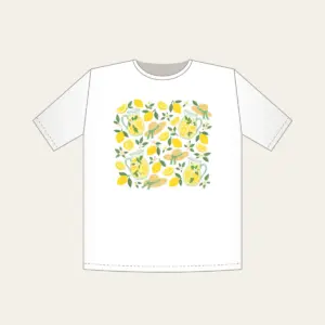 Lemonade Stand Pitchers and Lemons T-Shirt in white: Lemonade pitchers, lemons and tiny straw sunbonnets repeat in yellow, white and mint.