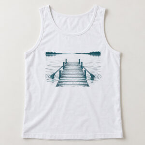 Lake Dock Tank Top with chest print of a wooden dock reaching into still water with two oars and ripple lines in dark teal line art