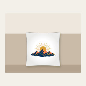 Mountain Range with a Golden Sunrise Disc Pillow in white: A mountain range at sunrise with a golden sun disc at the center in navy, coral and gold.