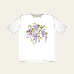 Cascading Wisteria Blossoms T-Shirt in white: Lilac wisteria blossoms cascade across a pale ground, threaded with fresh green leaves.