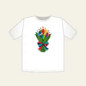 Pencil Bouquet T-Shirt in white: Colored pencils gathered like a bouquet in a green leaf wrapping with a red, teal and navy ribbon.