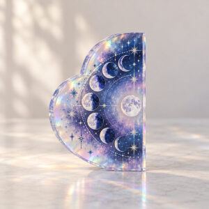 Moon Phase Hologram Acrylic Plaque with half-heart plaque with a ring of moon phases and tiny stars in navy, silver and lilac, 2-side printed, Star Hologram colourway