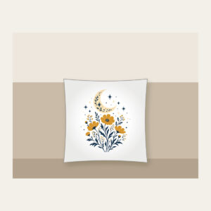 Crescent Moon over Ochre Wildflowers Pillow in white: A crescent moon floats over ochre wildflowers and pale star dots on a cream and navy illustration.