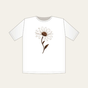 Single Daisy with Curved Stem T-Shirt in white: A single daisy with a curved stem in white and deep brown.