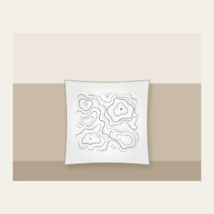 Topographic Contour Lines with a Single Peak Pillow in white: Topographic contour lines in slate and cream with one small peak mark.