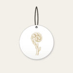 Unrolling Fiddlehead Fern Ceramic Ornament in white: A single fiddlehead fern unrolls in cream line art.
