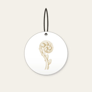 Unrolling Fiddlehead Fern Ceramic Ornament in white: A single fiddlehead fern unrolls in cream line art.